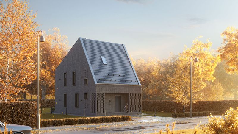 Vizigon rendering of the Black Brick passive house, a dark brick gabled home in autumn light