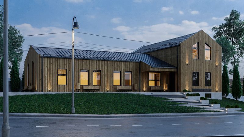 Vizigon visualization of a timber-clad community center with standing-seam roof at dusk