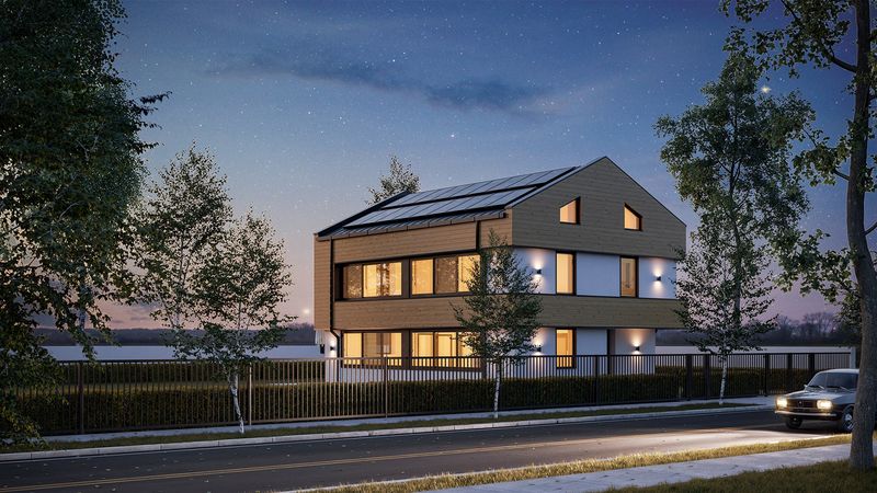 Vizigon night rendering of House F2, a two-storey timber and render house with rooftop solar panels